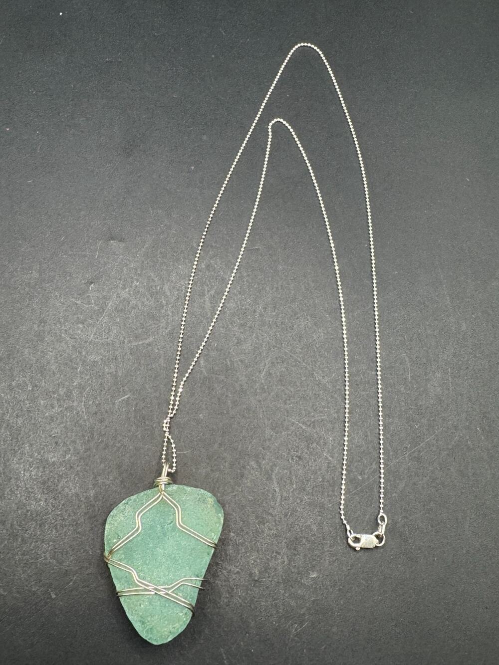 Vtg Sea Glass Mint Green Wire Wrapped Pendant Sterling Silver 925 Chain Necklace